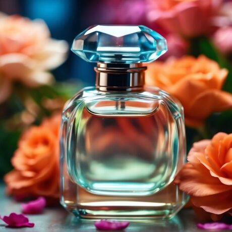 A beautiful glass for womens perfume bottle on colorful flowers background from Generative AI