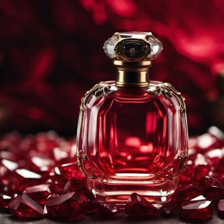 A beautiful glass for womens perfume bottle on pile of ruby crystals background from Generative AI