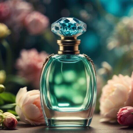 A beautiful glass for womens perfume bottle on spring flowers background from Generative AI